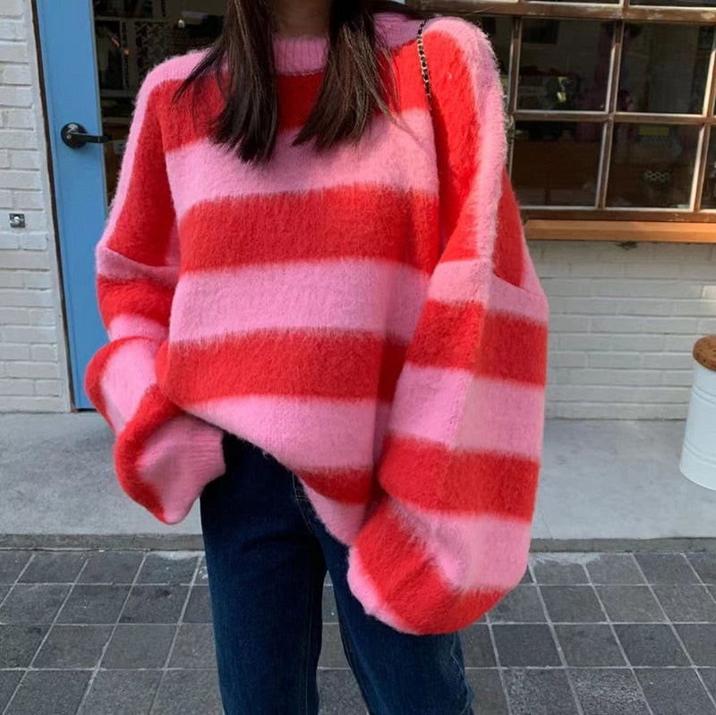 Knitted Striped Sweater Pink