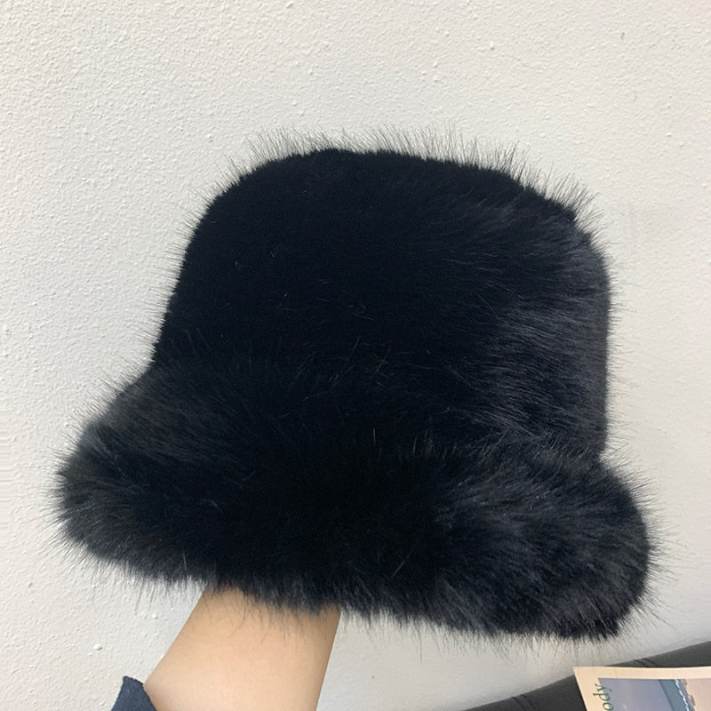 Faux Fur Bucket Hat Black