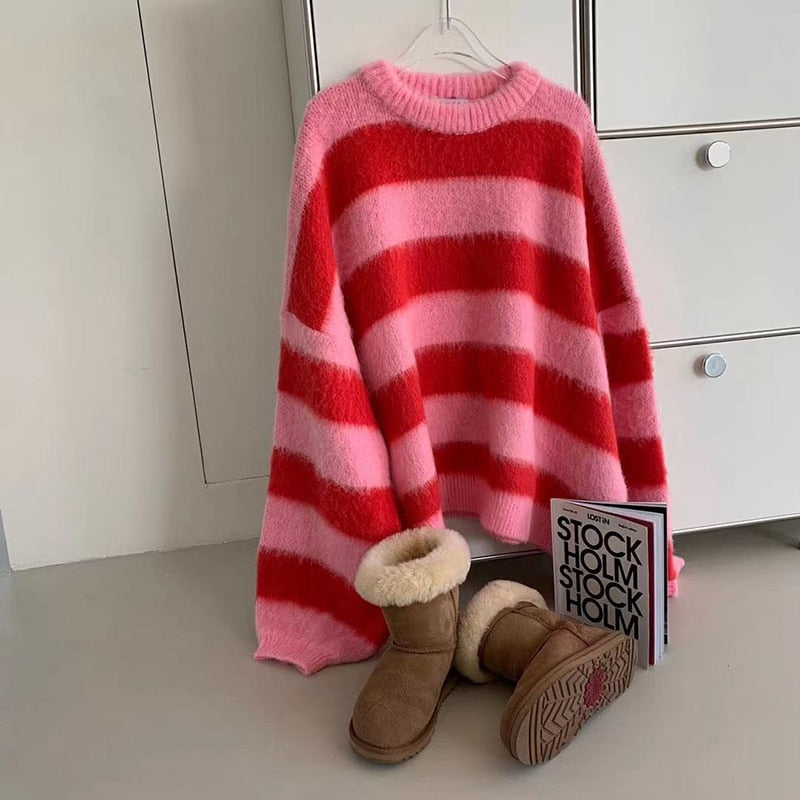 Knitted Striped Sweater Pink