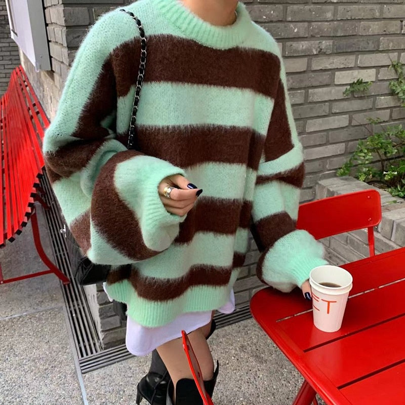 Puff Sleeve Knitted Striped Sweater Green