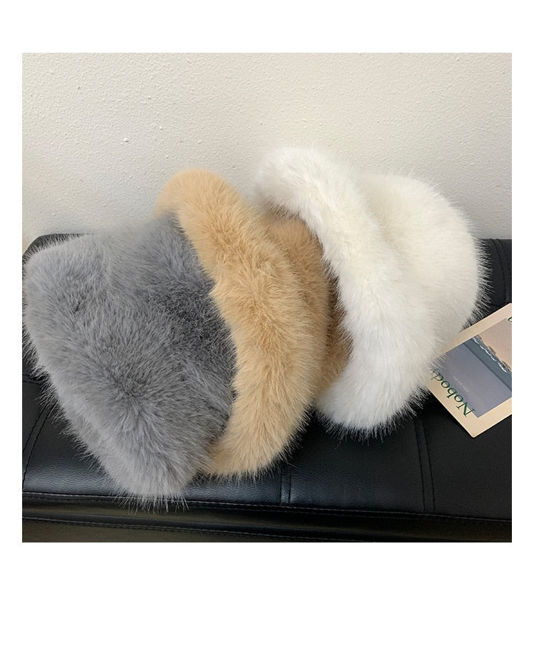 Faux Fur Bucket Hat Beige