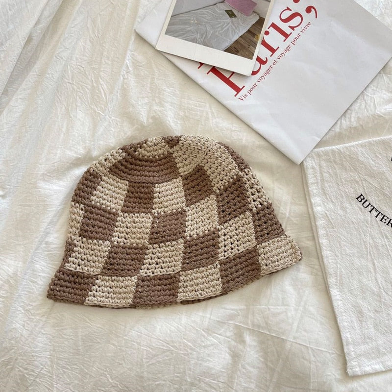 Plaid Crochet Bucket Hat Taupe