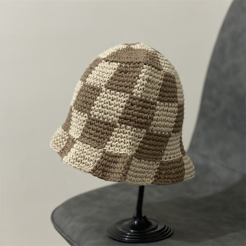 Plaid Crochet Bucket Hat Taupe