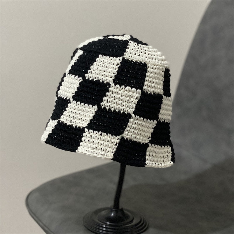 Plaid Crochet Bucket Hat Black