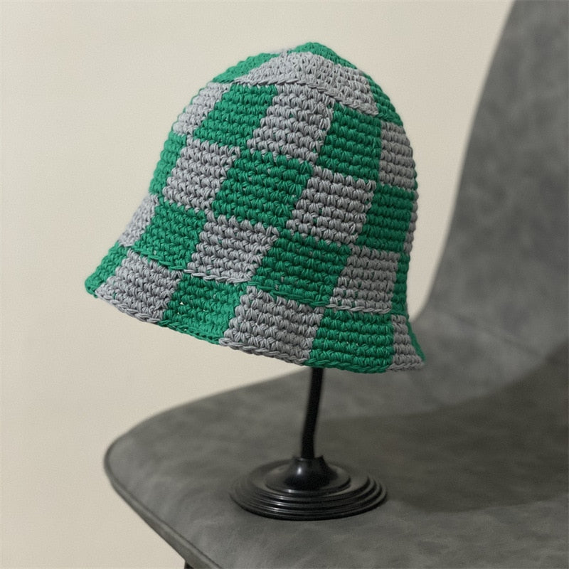 Plaid Crochet Bucket Hat Green