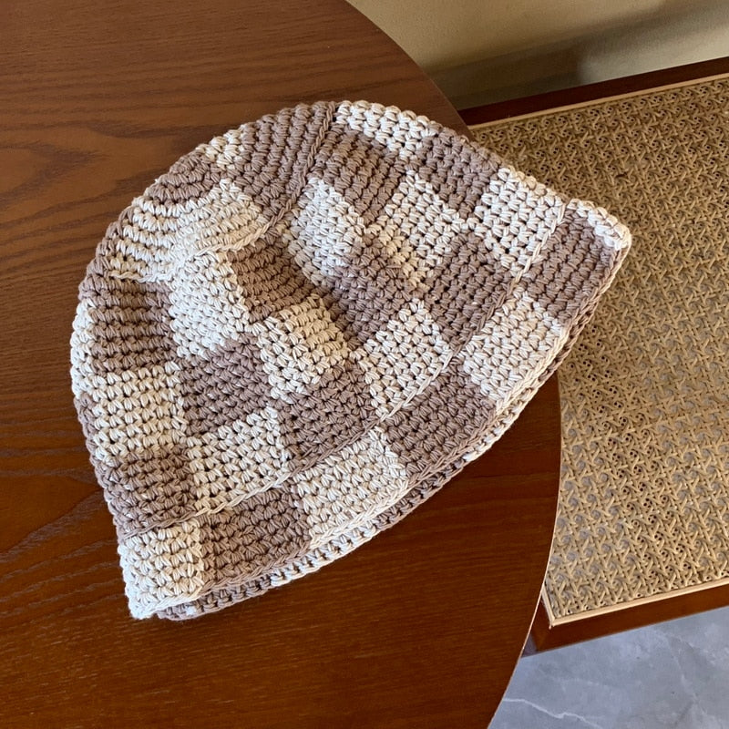 Plaid Crochet Bucket Hat Taupe