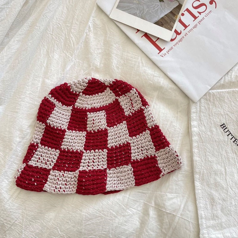 Plaid Crochet Bucket Hat Red