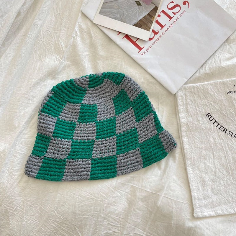 Plaid Crochet Bucket Hat Green